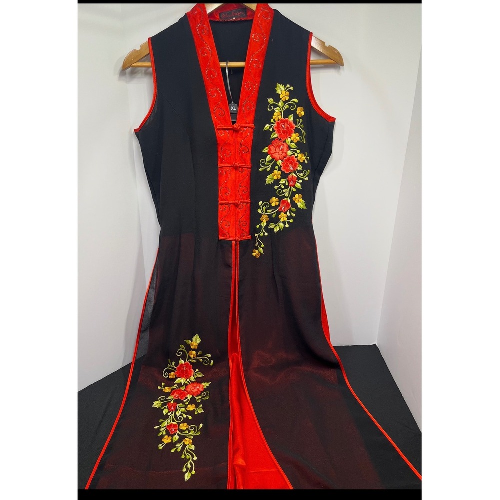 Silver Dragon XL 2 PC Vietnamese Ao Dai Floral Embroidery Black Red Tunic Pants